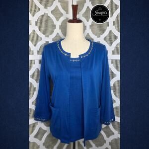 Rafaella 2-Piece Blue & Silver Embellished Open Cardigan Set Size MP